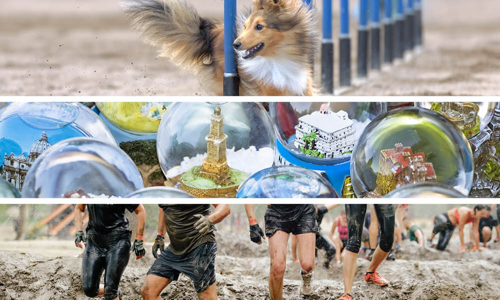 Collage aus 3 Bildern: Hund Schneekugeln und Beine von Personen, die durch Matsch laufen