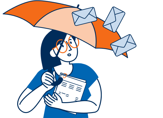 Eine Frau hält einen Regenschirm und einen Kreditvertrag. Auf den Regenschirm regnen Briefe, die symbolisch für Schulden stehen, die entstehen können, wenn zum Beispiel wegen unerwarteter Arbeitslosigkeit die Kreditraten nicht mehr gezahlt werden können. Der Regenschirm steht für den Schutz einer Restkreditversicherung, die in solchen Fällen die Schulden absichert.