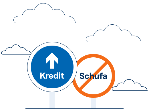 Zwei Straßenschilder, eines zeigt das Ortsende von „Schufa“, das andere den Ortseingang „Kredit“ – steht sinnbildlich für einen Kredit ohne Schufa.