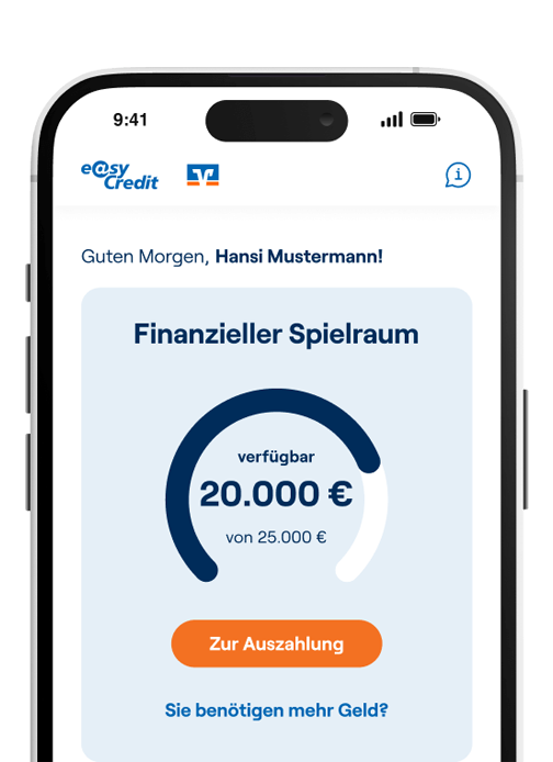 Mochup_Smartphone_easyCredit_App_Login_web Zu sehen ist die Nachbildung eines Smartphones mit der Startseite der easyCredit+ App, die man nach dem Einloggen sieht.