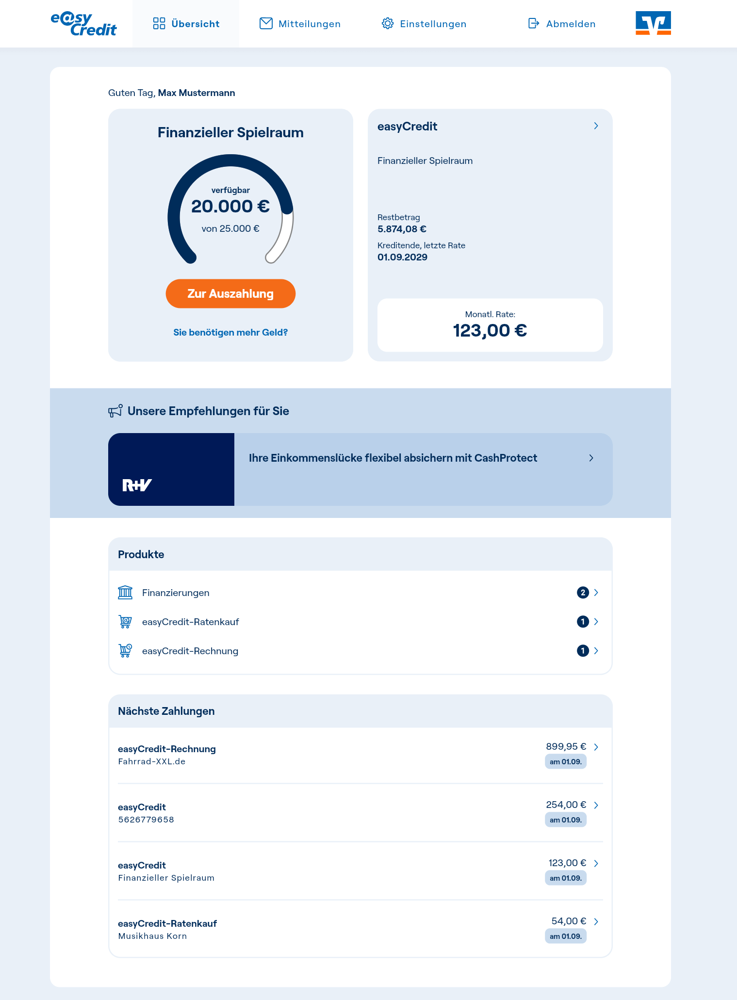 Screenshot des easyCredit Kundenportal zeigt dem User, wie das Kundenportal auf der Startseite aussieht.