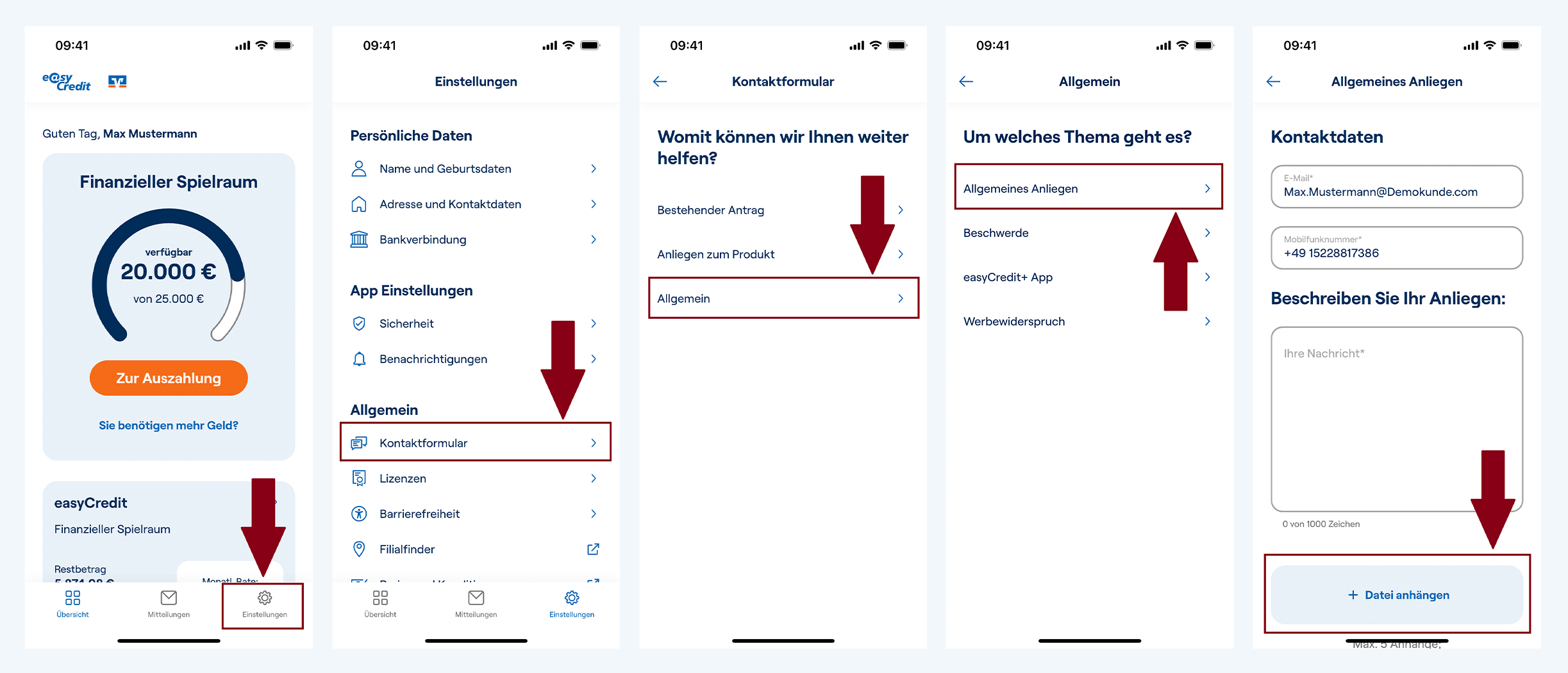 Screenshots der easyCredit+ App zeigen, wo und wie Kunden eine Bankvollmacht direkt per App zurück an easyCredit senden können.