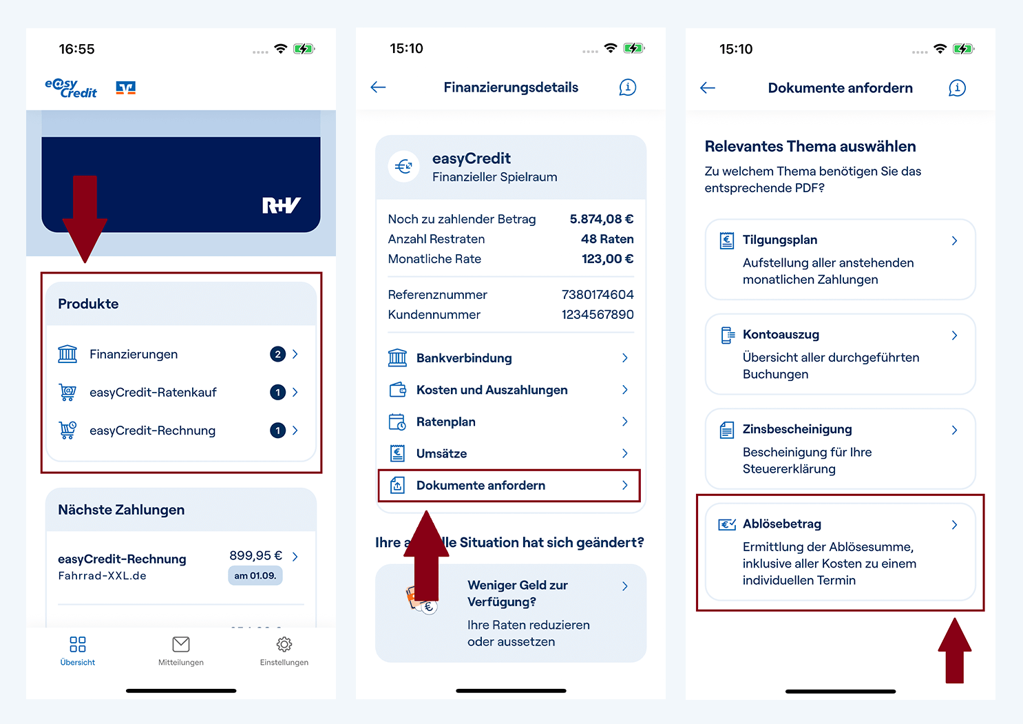 Screenshots der easyCredit+ App zeigen, wo und wie der Kunde seinen easyCredit ganz einfach abloesen kann.