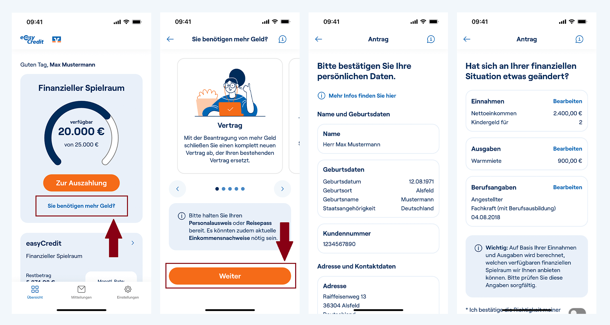 Screenshots der easyCredit+ App zeigen, wie und wo Kunden einen bestehenden Kredit von easyCredit in der App aufstocken können.