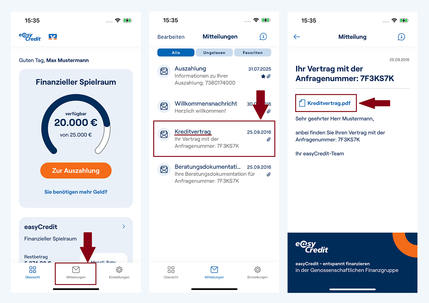 Screenshots der easyCredit+ App zeigen, wo und wie Kunden in der App ihre Vertragsunterlagen finden.