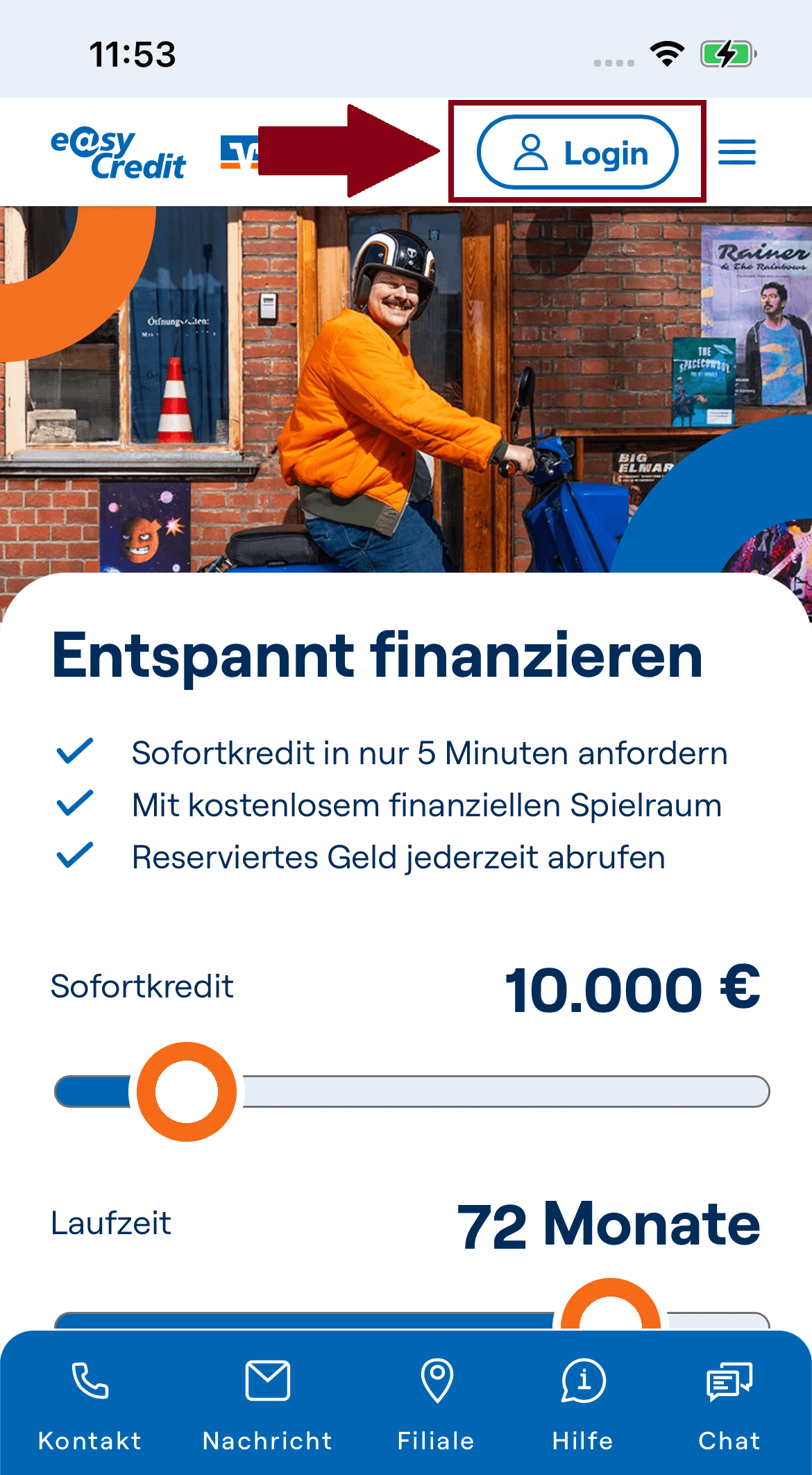 Screenshot der easyCredit+ App zeigt, wo Kunden den Login zum Kundenportal bzw zur App finden.