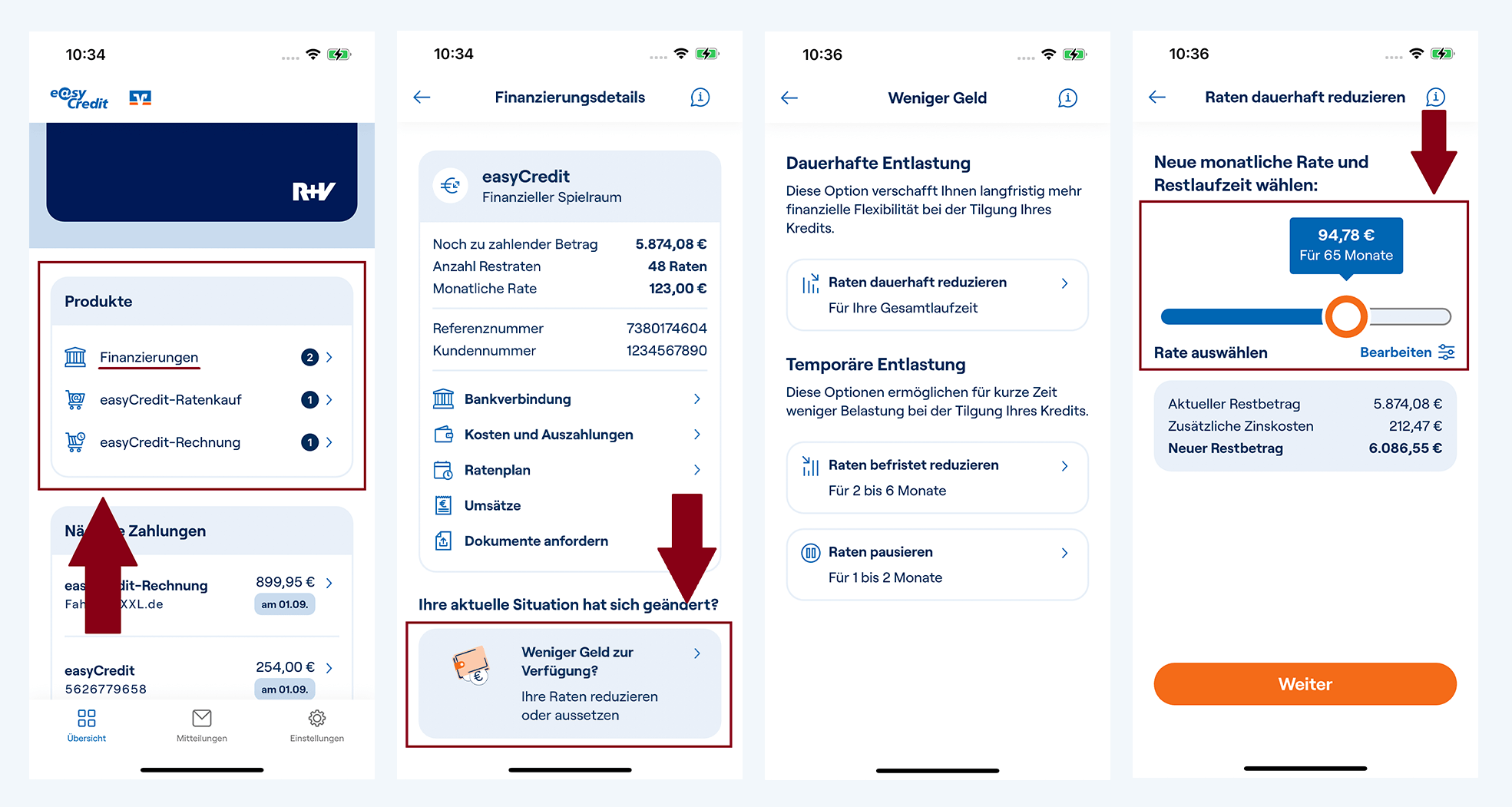 Screenshots der easyCredit+ App zeigen, wie und wo der Kunde seine Kreditraten reduzieren oder pausieren kann.