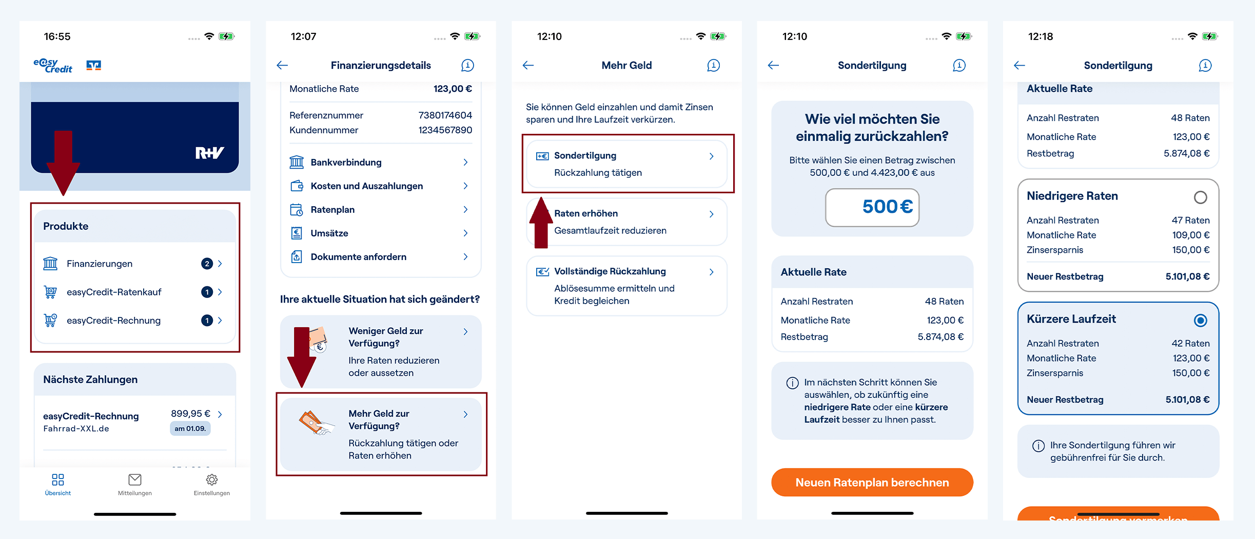 Screenshots der easyCredit+ App geben eine Anleitung, wie und wo Kunden in der App eine Sondertilgung leisten können.