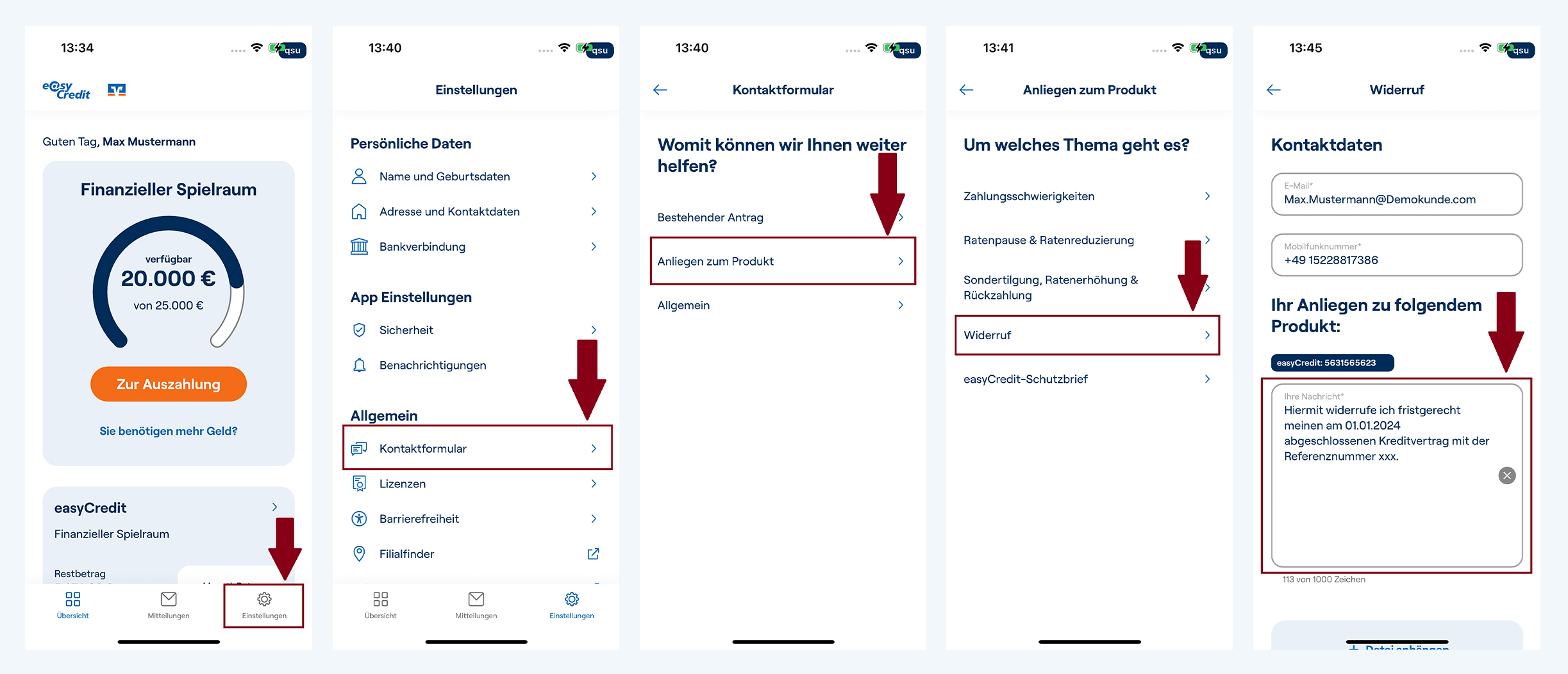 Screenshots der easyCredit+ App zeigen, wie und wo ein Kunde seinen Kreditvertrag mit easyCredit per App widerrufen kann.