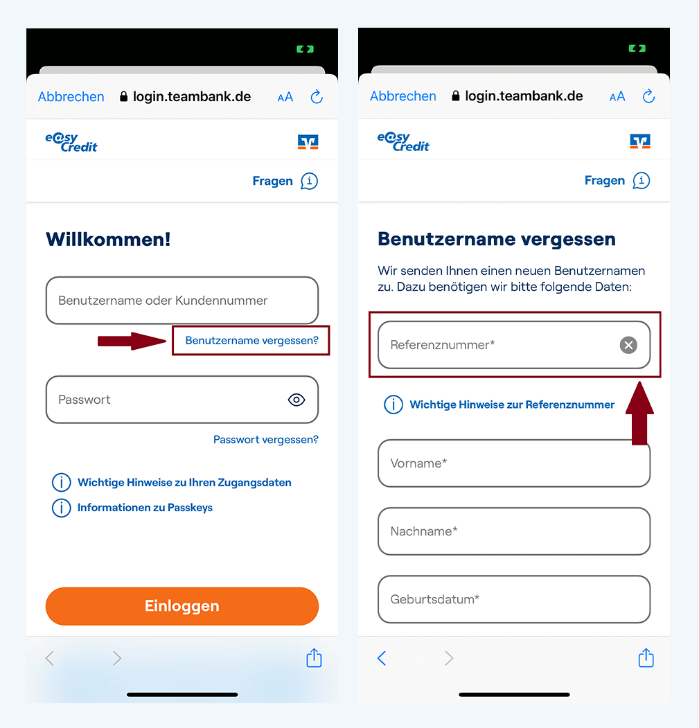 Screenshots der easyCredit+ App zeigen, wie Kunden über den Login Bereich der App ihre Kundennummer anfordern können.