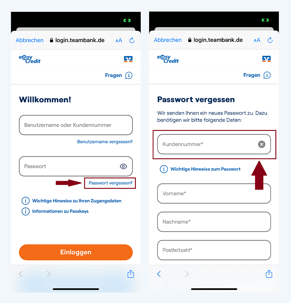 Screenshots der easyCredit+ App zeigen, wie Kunden über den Login Bereich der App ihr Passwort anfordern können.