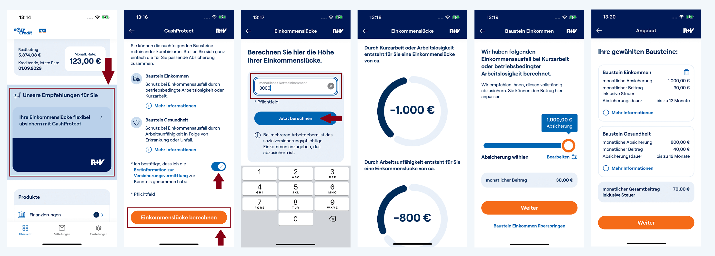 Screenshots aus der easyCredit+ App zeigen, wo und wie der Kunde die Versicherung CashProtect direkt in der App abschließen kann.