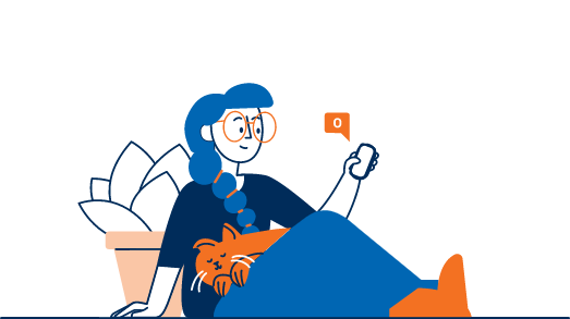 Nachrichteneingang Illustration einer Frau mit Katze, die auf ihr Handy guckt