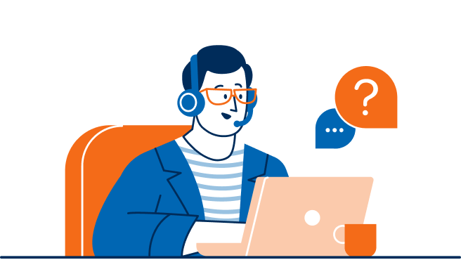 Person ist erreichbar für Anrufe und Chat mit Headset am Computer