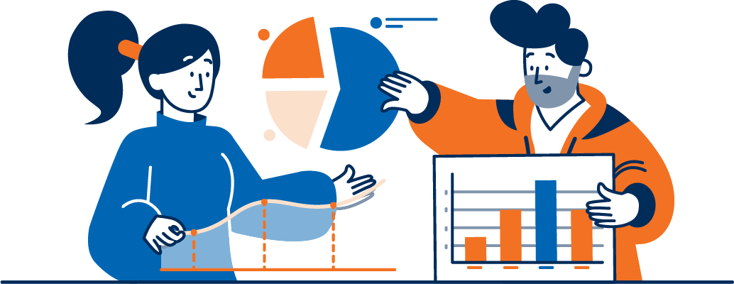 Illustration eines Mannes und einer Frau, die jeweils auf unterschiedliche Diagramme zeigen.