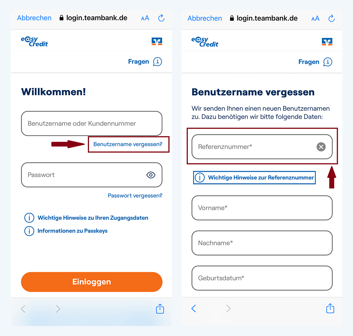 Screenshots der easyCredit+ App und des Kundenportals zeigen, dass Kunden ihre Kundennummer anfordern können, indem sie im Login-Bereich auf Benutzername vergessen klicken und sich dann über ihre Referenznummer und persönliche Daten identifizieren.