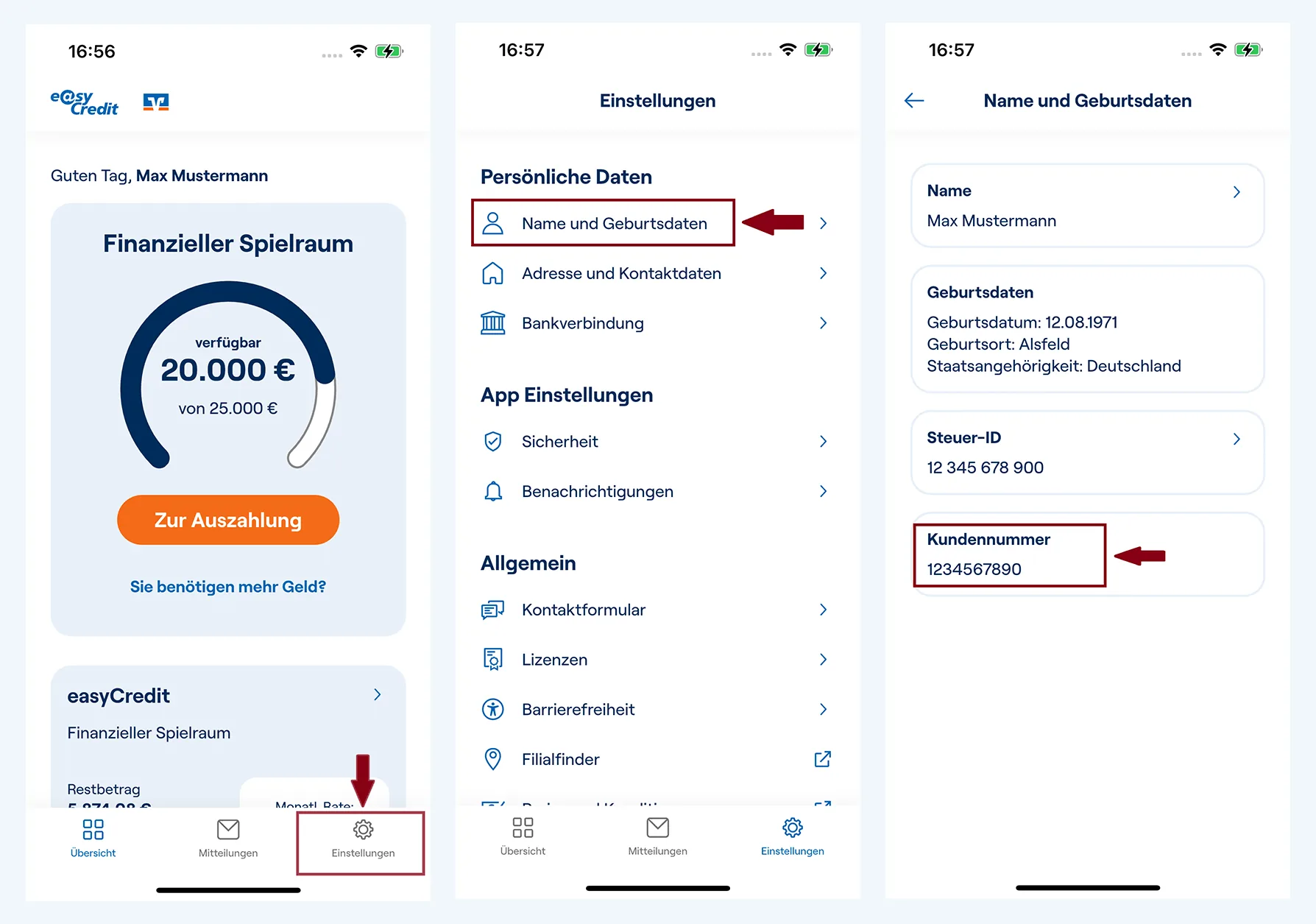 Screenshots der easyCredit+ App zeigen, dass Kunden ihre Kundennummer einsehen können, wenn sie unter Einstellungen bei den persönlichen Daten den Punkt Name und Geburtsdatum auswählen.