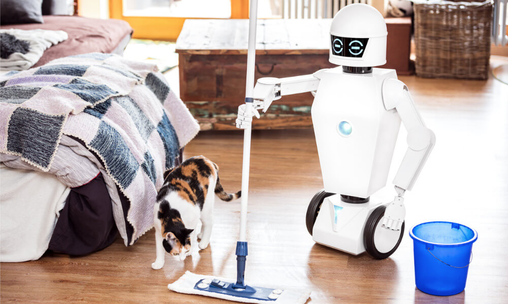 Ein Roboter hält einen Bodenwischer und wird dabei von einer Katze beobachtet.