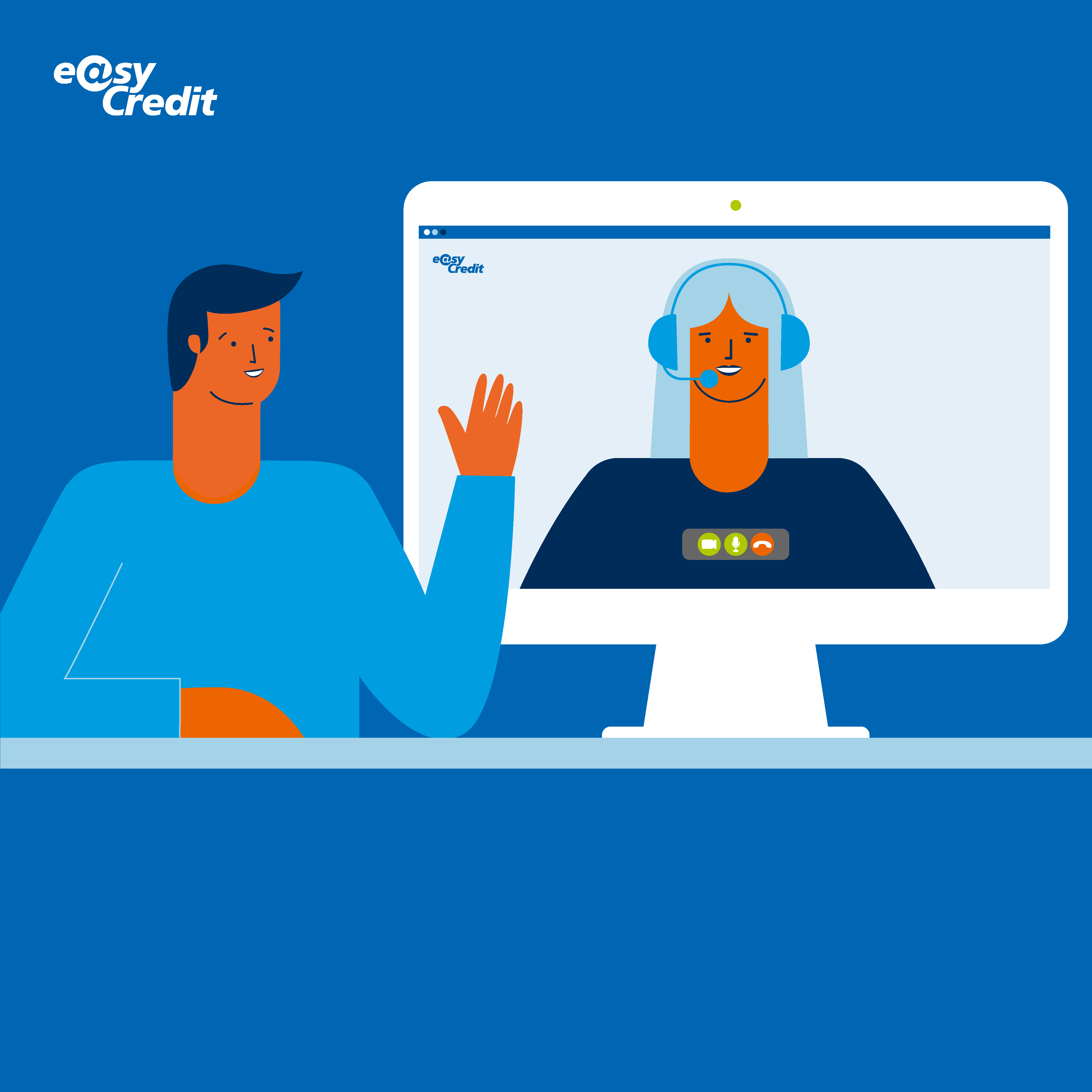 Computerbildschirm, auf der ein easyCredit-Mitarbeiter zu sehen ist, davor ein potenzieller Kunde – beide lächeln sich an / winken sich zu.